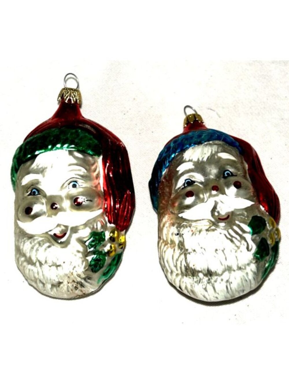 Vintage Columbia Glass Santa Head Christmas Tree Ornaments 3.5" Lot of 2 FLAW